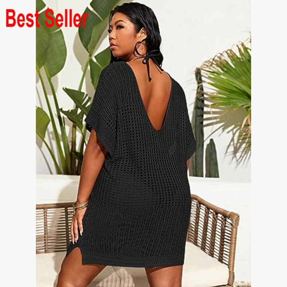 Plus Size Casual Summer Short Sleeve Cover Up Hollow Out Split Swimsuit Beach - Picture 2 of 4